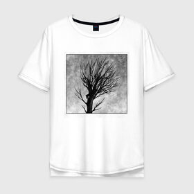 Мужская футболка хлопок Oversize с принтом Дом на дереве в Петрозаводске, 100% хлопок | свободный крой, круглый ворот, “спинка” длиннее передней части | ветки | графика | дерево | дом | жуткий | мрачный | небо | одиночество | пасмурно | пустота