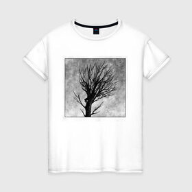 Женская футболка хлопок с принтом Дом на дереве в Петрозаводске, 100% хлопок | прямой крой, круглый вырез горловины, длина до линии бедер, слегка спущенное плечо | ветки | графика | дерево | дом | жуткий | мрачный | небо | одиночество | пасмурно | пустота