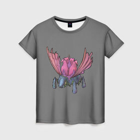 Женская футболка 3D с принтом Цветочный жук в Петрозаводске, 100% полиэфир ( синтетическое хлопкоподобное полотно) | прямой крой, круглый вырез горловины, длина до линии бедер | bug | flower | pink | wings | жук | лоза | насекомое | розовый | цветы