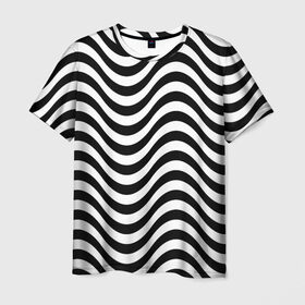 Мужская футболка 3D с принтом ЧБ Волна в Петрозаводске, 100% полиэфир | прямой крой, круглый вырез горловины, длина до линии бедер | зебра | кривые | полосы | текстуры | узор волна | чб | чб волна | черное и белое