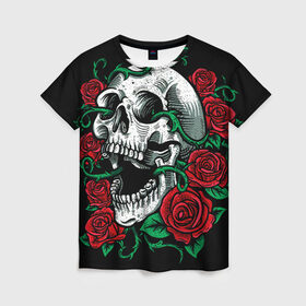 Женская футболка 3D с принтом Череп и Розы в Петрозаводске, 100% полиэфир ( синтетическое хлопкоподобное полотно) | прямой крой, круглый вырез горловины, длина до линии бедер | skulls | букет | градиент | мозги | робот | розы | скелет | текстура | узор | цветы | черепа | черный | яркий