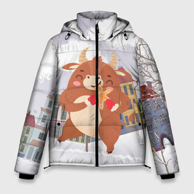 Мужская зимняя куртка 3D с принтом Довольный бык в Петрозаводске, верх — 100% полиэстер; подкладка — 100% полиэстер; утеплитель — 100% полиэстер | длина ниже бедра, свободный силуэт Оверсайз. Есть воротник-стойка, отстегивающийся капюшон и ветрозащитная планка. 

Боковые карманы с листочкой на кнопках и внутренний карман на молнии. | 2021 | 7 января | bull | newyear | santa | бык | быки | бычок | год быка | дед мороз | корова | новогодние каникулы | новогодние праздники | новый 2021 | новый год | новый год 2021 | рождество | сани | санта | санта клаус