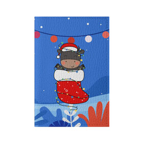 Обложка для паспорта матовая кожа с принтом Бык в новогоднем носке в Петрозаводске, натуральная матовая кожа | размер 19,3 х 13,7 см; прозрачные пластиковые крепления | 2021 | 7 января | bull | newyear | santa | бык | быки | бычок | год быка | дед мороз | корова | новогодние каникулы | новогодние праздники | новый 2021 | новый год | новый год 2021 | рождество | сани | санта | санта клаус