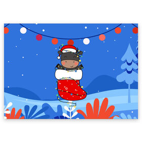 Поздравительная открытка с принтом Бык в новогоднем носке в Петрозаводске, 100% бумага | плотность бумаги 280 г/м2, матовая, на обратной стороне линовка и место для марки
 | 2021 | 7 января | bull | newyear | santa | бык | быки | бычок | год быка | дед мороз | корова | новогодние каникулы | новогодние праздники | новый 2021 | новый год | новый год 2021 | рождество | сани | санта | санта клаус