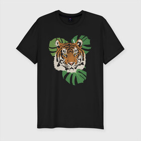 Мужская футболка хлопок Slim с принтом Тигр в джунглях в Петрозаводске, 92% хлопок, 8% лайкра | приталенный силуэт, круглый вырез ворота, длина до линии бедра, короткий рукав | Тематика изображения на принте: nature | tiger | wild | wild animals | джунгли | дикие животные | дикий | животные | кошачьи | крупные кошки | полосатый | природа | тигр | тигр в джунглях | тигренок | тропики | хищник | хищные животные
