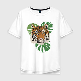 Мужская футболка хлопок Oversize с принтом Тигр в джунглях в Петрозаводске, 100% хлопок | свободный крой, круглый ворот, “спинка” длиннее передней части | nature | tiger | wild | wild animals | джунгли | дикие животные | дикий | животные | кошачьи | крупные кошки | полосатый | природа | тигр | тигр в джунглях | тигренок | тропики | хищник | хищные животные