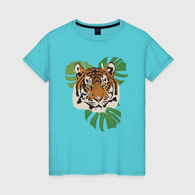Женская футболка хлопок с принтом Тигр в джунглях в Петрозаводске, 100% хлопок | прямой крой, круглый вырез горловины, длина до линии бедер, слегка спущенное плечо | nature | tiger | wild | wild animals | джунгли | дикие животные | дикий | животные | кошачьи | крупные кошки | полосатый | природа | тигр | тигр в джунглях | тигренок | тропики | хищник | хищные животные