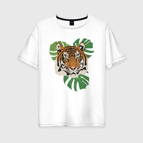 Женская футболка хлопок Oversize с принтом Тигр в джунглях в Петрозаводске, 100% хлопок | свободный крой, круглый ворот, спущенный рукав, длина до линии бедер
 | nature | tiger | wild | wild animals | джунгли | дикие животные | дикий | животные | кошачьи | крупные кошки | полосатый | природа | тигр | тигр в джунглях | тигренок | тропики | хищник | хищные животные
