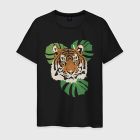 Мужская футболка хлопок с принтом Тигр в джунглях в Петрозаводске, 100% хлопок | прямой крой, круглый вырез горловины, длина до линии бедер, слегка спущенное плечо. | Тематика изображения на принте: nature | tiger | wild | wild animals | джунгли | дикие животные | дикий | животные | кошачьи | крупные кошки | полосатый | природа | тигр | тигр в джунглях | тигренок | тропики | хищник | хищные животные
