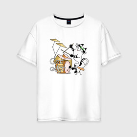 Женская футболка хлопок Oversize с принтом Кот-барабанщик в Петрозаводске, 100% хлопок | свободный крой, круглый ворот, спущенный рукав, длина до линии бедер
 | art | cat | арт | звери. животные | картинка | кот | котик. котенок. барабан | коты | кошка | рисунок