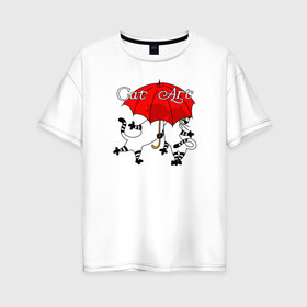 Женская футболка хлопок Oversize с принтом Поцелуй - Красный зонтик в Петрозаводске, 100% хлопок | свободный крой, круглый ворот, спущенный рукав, длина до линии бедер
 | art | cat | арт | звери. животные | картинка | кот | котик. котенок. зонтик | коты | кошка | любовь. поцелуй | рисунок