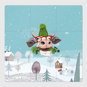 Магнитный плакат 3Х3 с принтом Довольная корова в Петрозаводске, Полимерный материал с магнитным слоем | 9 деталей размером 9*9 см | 2021 | 7 января | bull | newyear | santa | бык | быки | бычок | год быка | дед мороз | корова | новогодние каникулы | новогодние праздники | новый 2021 | новый год | новый год 2021 | рождество | сани | санта | санта клаус