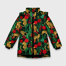 Зимняя куртка для девочек 3D с принтом Leopards в Петрозаводске, ткань верха — 100% полиэстер; подклад — 100% полиэстер, утеплитель — 100% полиэстер. | длина ниже бедра, удлиненная спинка, воротник стойка и отстегивающийся капюшон. Есть боковые карманы с листочкой на кнопках, утяжки по низу изделия и внутренний карман на молнии. 

Предусмотрены светоотражающий принт на спинке, радужный светоотражающий элемент на пуллере молнии и на резинке для утяжки. | black | cat | белый | букет | животные | кот | кошки | лев | леопарды | паттерн | полосы | розы | тигры | узор | цветы | чб | черный