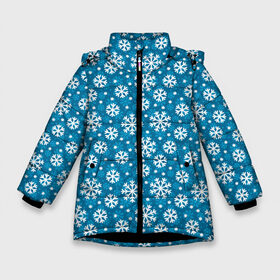 Зимняя куртка для девочек 3D с принтом Снежинки в Петрозаводске, ткань верха — 100% полиэстер; подклад — 100% полиэстер, утеплитель — 100% полиэстер. | длина ниже бедра, удлиненная спинка, воротник стойка и отстегивающийся капюшон. Есть боковые карманы с листочкой на кнопках, утяжки по низу изделия и внутренний карман на молнии. 

Предусмотрены светоотражающий принт на спинке, радужный светоотражающий элемент на пуллере молнии и на резинке для утяжки. | merry christmas | дед мороз | ёлка | зима | мороз | новый год | подарок | праздник | рождество | с новым годом | санта клаус | снег | снеговик | снегурочка | снежинки | снежные узоры | узоры