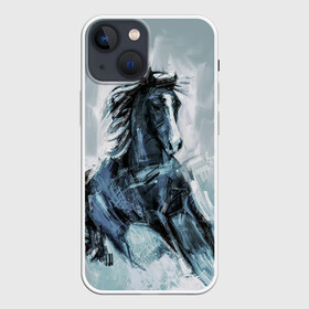 Чехол для iPhone 13 mini с принтом нарисованный конь в Петрозаводске,  |  | horse | horseshoe | акварель | головалошади | грива | жеребец | животные | конь | лошадь | лошадьскрыльями | подкова | природа | рисуноккрасками