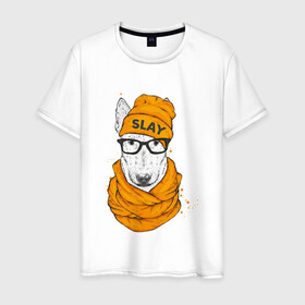 Мужская футболка хлопок с принтом Бультерьер в Петрозаводске, 100% хлопок | прямой крой, круглый вырез горловины, длина до линии бедер, слегка спущенное плечо. | slay | белая собака | бультерьер | пес | псина | собака | собака в шапке | собачка