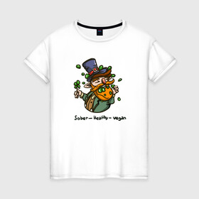 Женская футболка хлопок с принтом Go vegan в Петрозаводске, 100% хлопок | прямой крой, круглый вырез горловины, длина до линии бедер, слегка спущенное плечо | веган | вегетарианство | ирландия | клевер | лепрекон