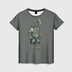 Женская футболка 3D с принтом Жабалюд войн в Петрозаводске, 100% полиэфир ( синтетическое хлопкоподобное полотно) | прямой крой, круглый вырез горловины, длина до линии бедер | frog | green | staff | warrior | воин | жаба | зеленый | ил | посох