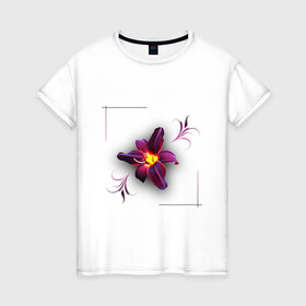 Женская футболка хлопок с принтом Flower Цветок в Петрозаводске, 100% хлопок | прямой крой, круглый вырез горловины, длина до линии бедер, слегка спущенное плечо | желтый | узор | феолетовый цветок | цветочный