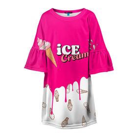 Детское платье 3D с принтом Ice Cream BlackPink в Петрозаводске, 100% полиэстер | прямой силуэт, чуть расширенный к низу. Круглая горловина, на рукавах — воланы | Тематика изображения на принте: blackpink | blink | bts | exo | icecream | jennie | jisoo | korea | kpop | lisa | love | rose | блекпинк | девушки | корея | кпоп | музыка