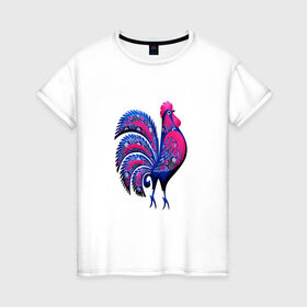 Женская футболка хлопок с принтом Петух в Петрозаводске, 100% хлопок | прямой крой, круглый вырез горловины, длина до линии бедер, слегка спущенное плечо | животные | кукареку | пернатые | петух | птицы