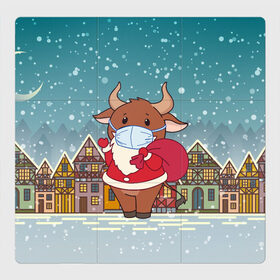 Магнитный плакат 3Х3 с принтом Бык с подарками 2021 в Петрозаводске, Полимерный материал с магнитным слоем | 9 деталей размером 9*9 см | 2021 | 7 января | bull | newyear | santa | бык | быки | бычок | год быка | дед мороз | корова | новогодние каникулы | новогодние праздники | новый 2021 | новый год | новый год 2021 | рождество | сани | санта | санта клаус