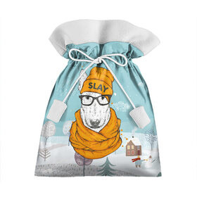 Подарочный 3D мешок с принтом Бультерьер в Петрозаводске, 100% полиэстер | Размер: 29*39 см | Тематика изображения на принте: slay | белая собака | бультерьер | пес | псина | собака | собака в шапке | собачка