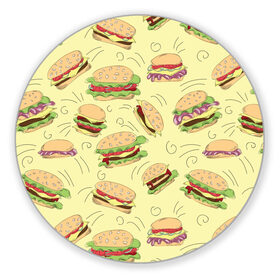 Коврик для мышки круглый с принтом Узор с бургерами в Петрозаводске, резина и полиэстер | круглая форма, изображение наносится на всю лицевую часть | бургер | гамбургер | еда | желтый | паттерн | узор | фастфуд