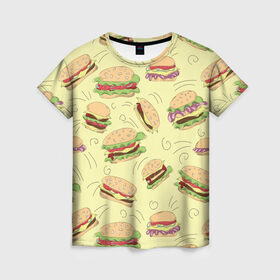 Женская футболка 3D с принтом Узор с бургерами в Петрозаводске, 100% полиэфир ( синтетическое хлопкоподобное полотно) | прямой крой, круглый вырез горловины, длина до линии бедер | бургер | гамбургер | еда | желтый | паттерн | узор | фастфуд