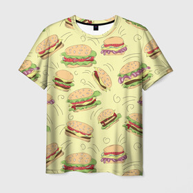 Мужская футболка 3D с принтом Узор с бургерами в Петрозаводске, 100% полиэфир | прямой крой, круглый вырез горловины, длина до линии бедер | бургер | гамбургер | еда | желтый | паттерн | узор | фастфуд