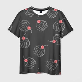 Мужская футболка 3D с принтом Капкейки с вишенкой в Петрозаводске, 100% полиэфир | прямой крой, круглый вырез горловины, длина до линии бедер | белый | вишенка | вкусняшка | еда | капкейк | мел | паттерн | пирожок | сладости | узор | черный