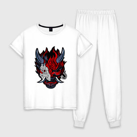 Женская пижама хлопок с принтом SAMURAI LVL UP в Петрозаводске, 100% хлопок | брюки и футболка прямого кроя, без карманов, на брюках мягкая резинка на поясе и по низу штанин | 2019 | cd project red | cyberpunk 2077 | cyberpunk fashion | hacker | keanu reeves | maelstrom | militech | night city | quadra | samurai | samurai cyberpunk 2077 | sci fi | trauma team | v | ви | киану ривз | киберпанк 2077 | логотип | роб