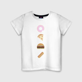 Детская футболка хлопок с принтом Fast Food в Петрозаводске, 100% хлопок | круглый вырез горловины, полуприлегающий силуэт, длина до линии бедер | Тематика изображения на принте: doodle | бургер | вкусно | донат | еда | мило | нямка | пицца | сосиска | фастфуд | хотдог