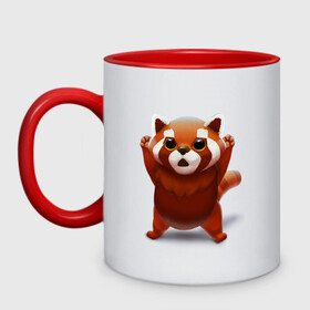 Кружка двухцветная с принтом Красная панда в Петрозаводске, керамика | объем — 330 мл, диаметр — 80 мм. Цветная ручка и кайма сверху, в некоторых цветах — вся внутренняя часть | big eyes | cute | red panda | большие глаза | красная панда | милаха