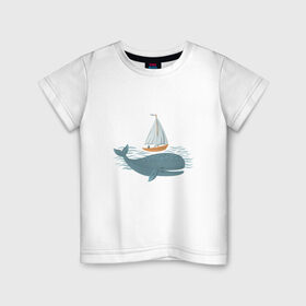 Детская футболка хлопок с принтом Кит в Петрозаводске, 100% хлопок | круглый вырез горловины, полуприлегающий силуэт, длина до линии бедер | Тематика изображения на принте: кит | лодка | море | морские жители | океан | яхта