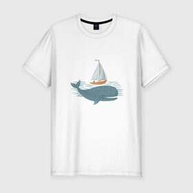 Мужская футболка хлопок Slim с принтом Кит в Петрозаводске, 92% хлопок, 8% лайкра | приталенный силуэт, круглый вырез ворота, длина до линии бедра, короткий рукав | Тематика изображения на принте: кит | лодка | море | морские жители | океан | яхта