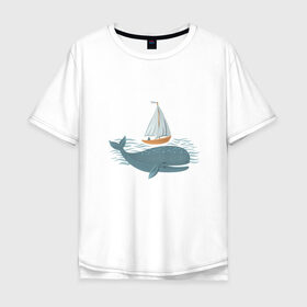 Мужская футболка хлопок Oversize с принтом Кит в Петрозаводске, 100% хлопок | свободный крой, круглый ворот, “спинка” длиннее передней части | Тематика изображения на принте: кит | лодка | море | морские жители | океан | яхта
