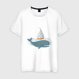 Мужская футболка хлопок с принтом Кит в Петрозаводске, 100% хлопок | прямой крой, круглый вырез горловины, длина до линии бедер, слегка спущенное плечо. | Тематика изображения на принте: кит | лодка | море | морские жители | океан | яхта
