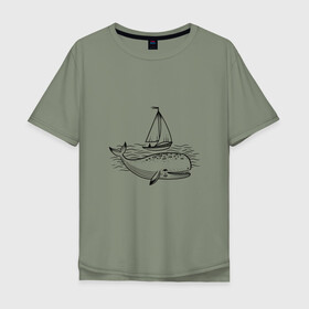 Мужская футболка хлопок Oversize с принтом Кит в Петрозаводске, 100% хлопок | свободный крой, круглый ворот, “спинка” длиннее передней части | кит | лодка | море | морские жители | океан | яхта