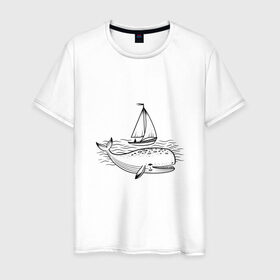 Мужская футболка хлопок с принтом Кит в Петрозаводске, 100% хлопок | прямой крой, круглый вырез горловины, длина до линии бедер, слегка спущенное плечо. | Тематика изображения на принте: кит | лодка | море | морские жители | океан | яхта