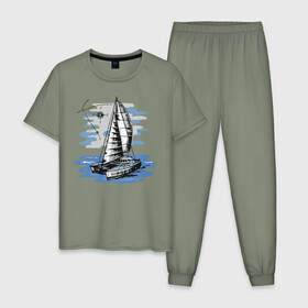Мужская пижама хлопок с принтом Яхта в Петрозаводске, 100% хлопок | брюки и футболка прямого кроя, без карманов, на брюках мягкая резинка на поясе и по низу штанин
 | лодка | море | океан | путешествия | яхта