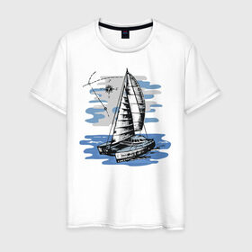 Мужская футболка хлопок с принтом Яхта в Петрозаводске, 100% хлопок | прямой крой, круглый вырез горловины, длина до линии бедер, слегка спущенное плечо. | Тематика изображения на принте: лодка | море | океан | путешествия | яхта