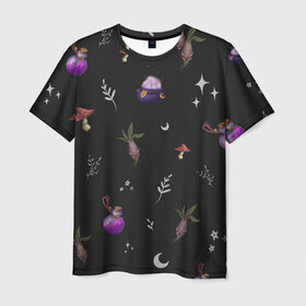 Мужская футболка 3D с принтом Magic pattern в Петрозаводске, 100% полиэфир | прямой крой, круглый вырез горловины, длина до линии бедер | Тематика изображения на принте: bottle | mandrake | mushroom | pot | волшебство | зелье | паттерн