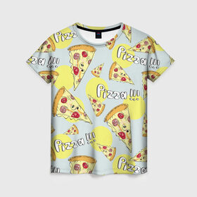 Женская футболка 3D с принтом Узор Куски пиццы в Петрозаводске, 100% полиэфир ( синтетическое хлопкоподобное полотно) | прямой крой, круглый вырез горловины, длина до линии бедер | еда | желтый | кусок | паттерн | пеперони | пицца | узор | фастфуд