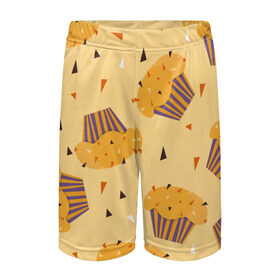 Детские спортивные шорты 3D с принтом Капкейки на желтом фоне в Петрозаводске,  100% полиэстер
 | пояс оформлен широкой мягкой резинкой, ткань тянется
 | еда | желтый | капкейки | кондитер | оранжевый | паттерн | пирожное | повар | сладости | узор | хеллоуин