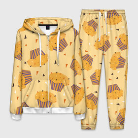 Мужской костюм 3D с принтом Капкейки на желтом фоне в Петрозаводске, 100% полиэстер | Манжеты и пояс оформлены тканевой резинкой, двухслойный капюшон со шнурком для регулировки, карманы спереди | еда | желтый | капкейки | кондитер | оранжевый | паттерн | пирожное | повар | сладости | узор | хеллоуин
