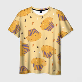 Мужская футболка 3D с принтом Капкейки на желтом фоне в Петрозаводске, 100% полиэфир | прямой крой, круглый вырез горловины, длина до линии бедер | еда | желтый | капкейки | кондитер | оранжевый | паттерн | пирожное | повар | сладости | узор | хеллоуин