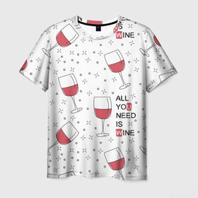 Мужская футболка 3D с принтом Узор Винишко в Петрозаводске, 100% полиэфир | прямой крой, круглый вырез горловины, длина до линии бедер | Тематика изображения на принте: all you need is wine | wine | винишко | вино | красное | надписи | узор