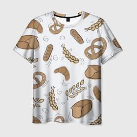 Мужская футболка 3D с принтом Узор Пекарня в Петрозаводске, 100% полиэфир | прямой крой, круглый вырез горловины, длина до линии бедер | Тематика изображения на принте: булки | коричневый | крендель | пекарня | повар | узор | хлеб