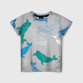 Детская футболка 3D с принтом Узор с китами на сером в Петрозаводске, 100% гипоаллергенный полиэфир | прямой крой, круглый вырез горловины, длина до линии бедер, чуть спущенное плечо, ткань немного тянется | Тематика изображения на принте: графика | кит | морской | рыба | серый | синий | узор
